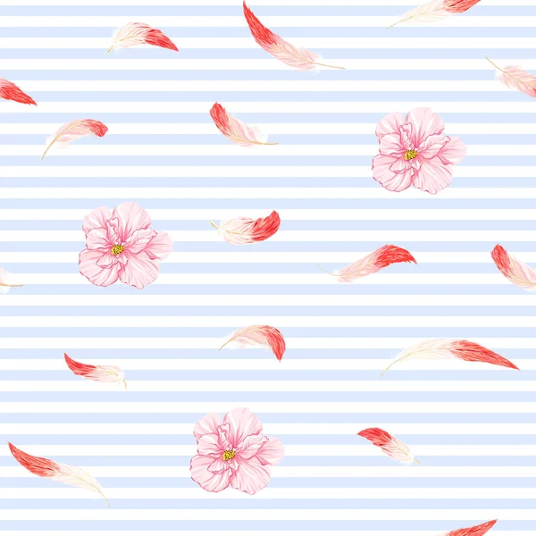 Modèle Sans Couture Fond Avec Plumes Flamant Rose Hibiscus Sur — Image vectorielle