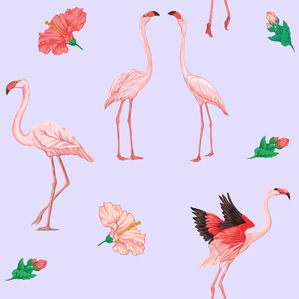 Seamless Pattern Background Pink Flamingos Feathers Soft Ultra Violet Background — Stock Vector