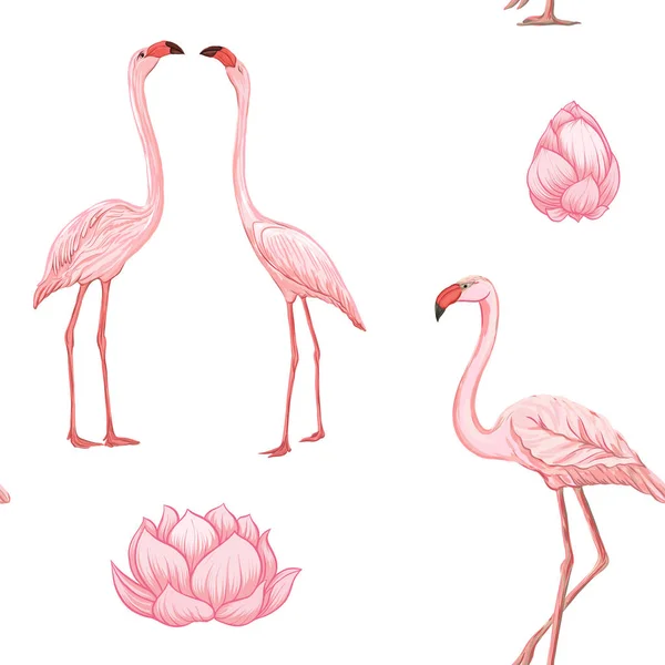 Nahtloses Muster Hintergrund Mit Rosa Flamingos Und Lotus Auf Weißem — Stockvektor