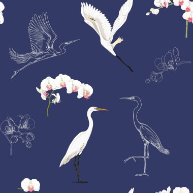 Dikişsiz desen, tropikal kuşlar ile arka plan. Beyaz balıkçıl, Kakadu papağan, renkli ve lacivert zemin üzerine dizayn anahat... Vektör çizim