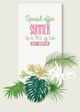 Tebrik kartı, davet veya tropik bitkiler ile banner şablon olarak palmiye yaprakları, canavarlar ve orkide beyaz heron ile.