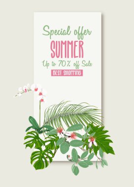 Tebrik kartı, davet veya tropik bitkiler ile banner şablon olarak palmiye yaprakları, canavarlar ve orkide beyaz heron ile.
