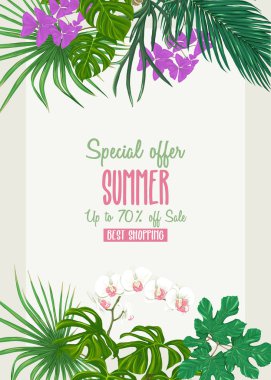 Tebrik kartı, davet veya tropik bitkiler ile banner şablon olarak palmiye yaprakları, canavarlar ve orkide beyaz heron ile.
