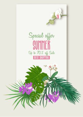 Tebrik kartı, davet veya tropik bitkiler ile banner şablon olarak palmiye yaprakları, canavarlar ve orkide beyaz heron ile.