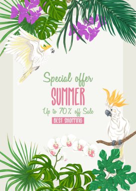 Tebrik kartı, davet veya tropik bitkiler ile banner şablon olarak palmiye yaprakları, canavarlar ve orkide Kakadu papağan ile. Renkli vektör çizim.