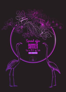 Tebrik kartı, davet veya tropik bitkiler ile banner şablon olarak palmiye yaprakları, canavarlar ve kuş ile orkide. Vektör çizim çizim el anahat. Neon, floresan renk