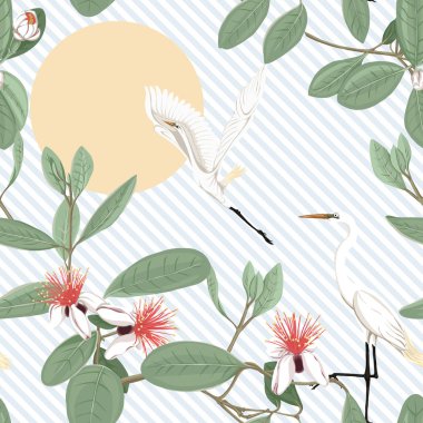 Dikişsiz desen, feijoa çiçek açan çiçekler ve balıkçıllar çiçek desenli arka plan. Vektör çizim gradyanlar ve saydamlık olmadan. Mavi ve beyaz diyagonal çizgili arka plan.
