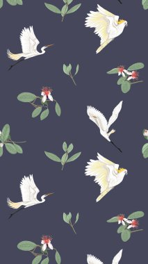 Desen, ile arka plan ile feijoa çiçeklerle balıkçıllar ve Kakadu papağan. Vektör çizim. Koyu mavi arka plan üzerinde. 