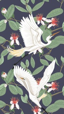 Desen, feijoa çiçeklerle balıkçıllar ile arka plan ile. Vektör çizim. Koyu mavi arka plan üzerinde. 