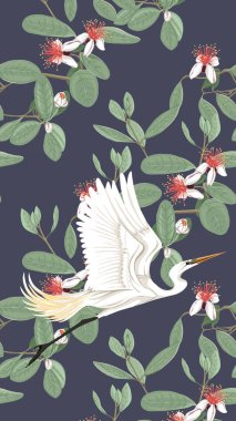 Desen, feijoa çiçeklerle balıkçıllar ile arka plan ile. Vektör çizim. Koyu mavi arka plan üzerinde. 