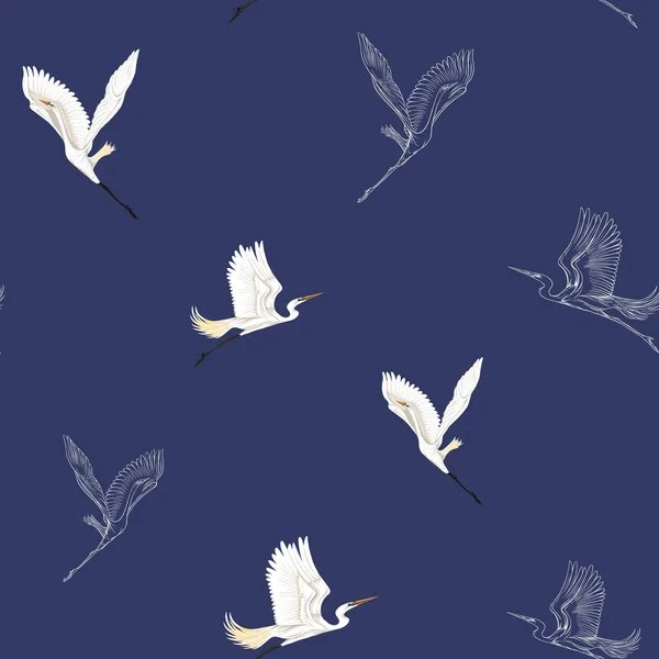 シームレスなパターンは 熱帯の鳥との背景 ホワイト ヘロン オウムはオウム ネイビー ブルーの背景にデザインの概要を説明 ベクトル図 — ストックベクタ