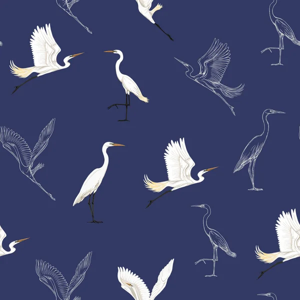 Modèle Sans Couture Fond Avec Des Oiseaux Tropicaux Héron Blanc — Image vectorielle