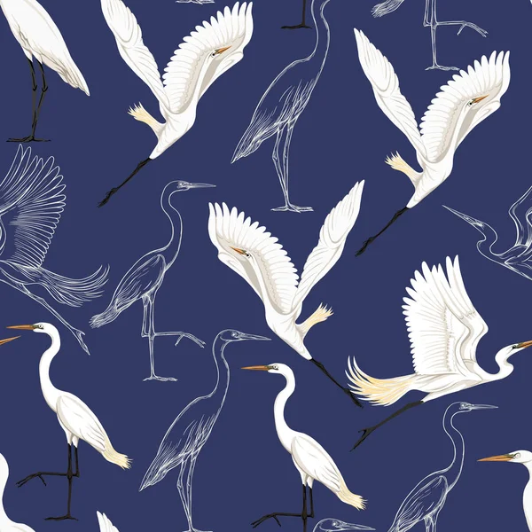 Patrón Sin Costuras Fondo Con Aves Tropicales Garza Blanca Loro — Archivo Imágenes Vectoriales