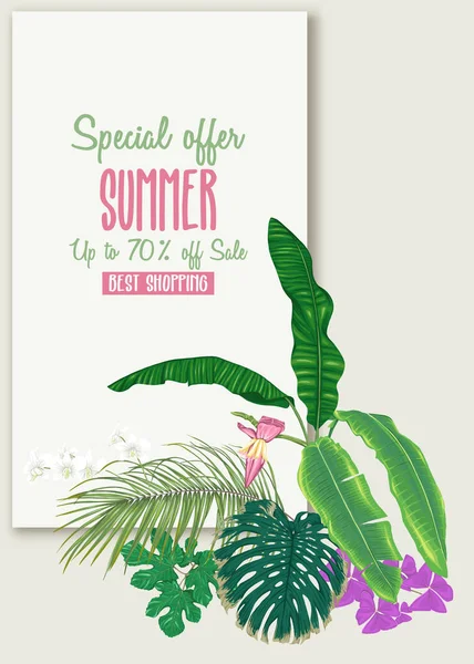 Plantilla Para Tarjeta Felicitación Invitación Banner Con Plantas Tropicales Hojas — Vector de stock