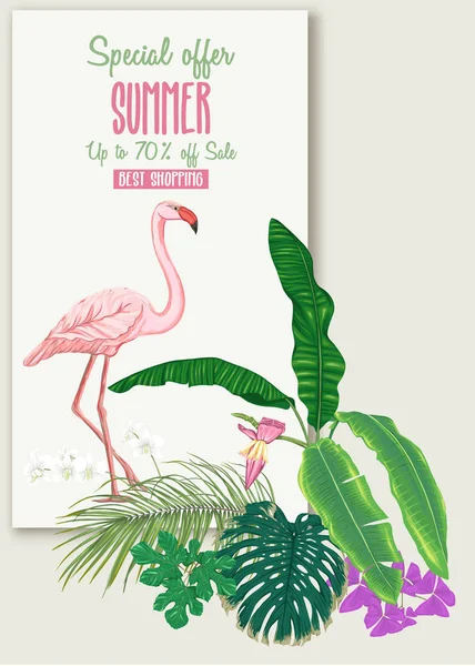 Шаблон Поздравительной Открытки Приглашения Баннера Тропическими Растениями Пальмовыми Листьями Монстрами — стоковый вектор