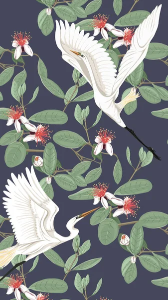 Muster Hintergrund Mit Feijoa Blumen Mit Reihern Vektorillustration Auf Dunkelblauem — Stockvektor