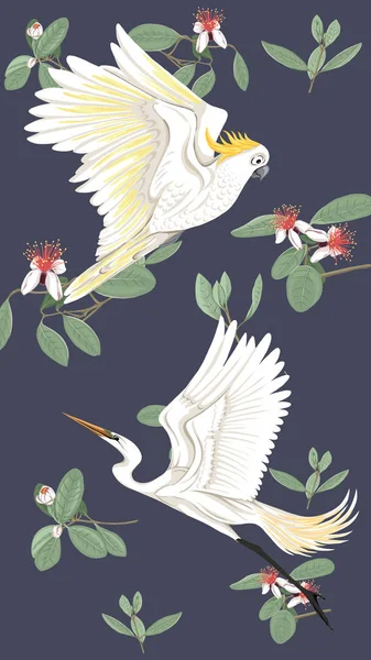 Muster Hintergrund Mit Feijoa Blüten Mit Reiher Und Kakadu Papagei — Stockvektor