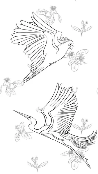 Padrão Fundo Com Flores Feijoa Com Garças Papagaio Cacatua Ilustração — Vetor de Stock