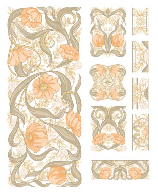 Çiçek desenli art nouveau tarzında, vintage, eski, retro tarzı. Tasarım için dekoratif öğeler kümesi. Renkli vektör çizim. Beyaz arka plan üzerinde izole. Yumuşak turuncu ve yeşil renkte