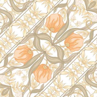  Dikişsiz desen, art nouveau tarzında, vintage, eski, retro tarzı çiçek desenli arka plan. Renkli vektör çizim. Yumuşak turuncu ve yeşil renkte