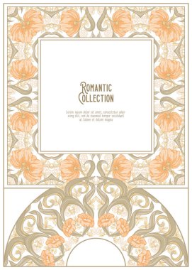 Çiçek desenli art nouveau tarzında, vintage, eski, retro tarzı. Metin için yer ile davetiye, tebrik kartı, afiş, hediye çeki için şablon. Vektör çizim. Yumuşak turuncu ve yeşil renklerde