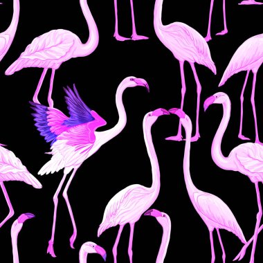 Dikişsiz desen, arka plan. tropik bitkiler ve çiçekler floresan renkler siyah adam izole neon, flamingo renkli vektör çizim ile