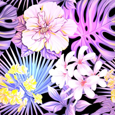 Dikişsiz desen, arka plan. tropik bitkiler ve çiçekler ile. Neon, floresan renkler siyah adam izole renkli vektör çizim
