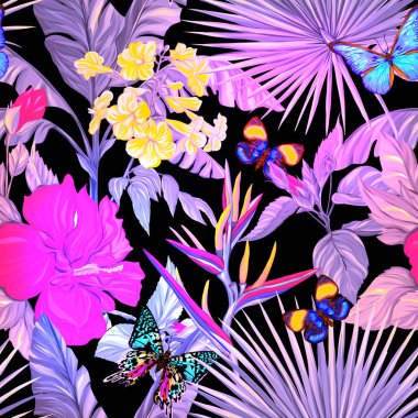 Dikişsiz desen, arka plan. tropik bitkiler ve çiçekler ile. Neon, floresan renkler siyah adam izole renkli vektör çizim