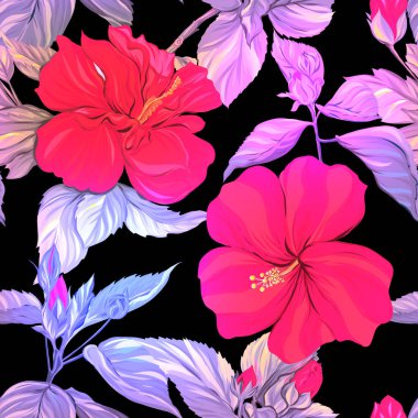 Dikişsiz desen, arka plan. tropik bitkiler ve çiçekler ile. Neon, floresan renkler siyah adam izole renkli vektör çizim