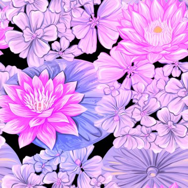 Dikişsiz desen, arka plan. tropik bitkiler ve lotus çiçekleri ile. Neon, floresan renkler siyah adam izole renkli vektör çizim