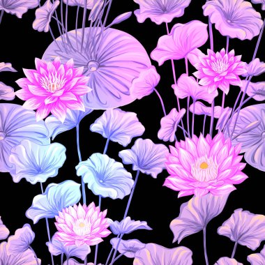 Dikişsiz desen, arka plan. tropik bitkiler ve lotus çiçekleri ile. Neon, floresan renkler siyah adam izole renkli vektör çizim