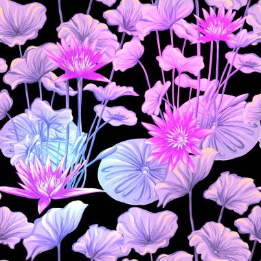 Dikişsiz desen, arka plan. tropik bitkiler ve lotus çiçekleri ile. Neon, floresan renkler siyah adam izole renkli vektör çizim