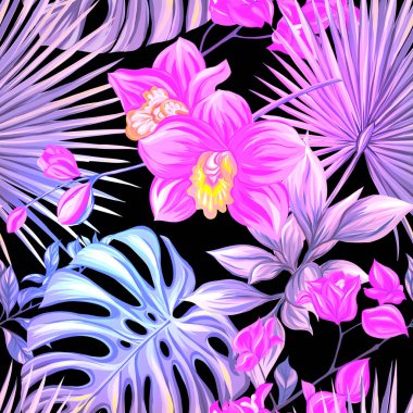 Dikişsiz desen, arka plan. tropik bitkiler ve çiçekler ile. Neon, floresan renkler siyah adam izole renkli vektör çizim