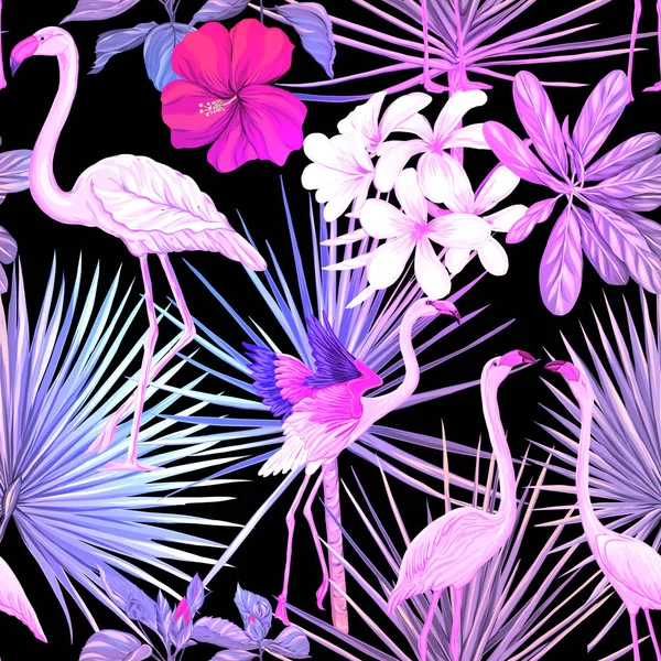 Patrón Sin Costuras Fondo Con Plantas Tropicales Flores Con Flamenco — Vector de stock