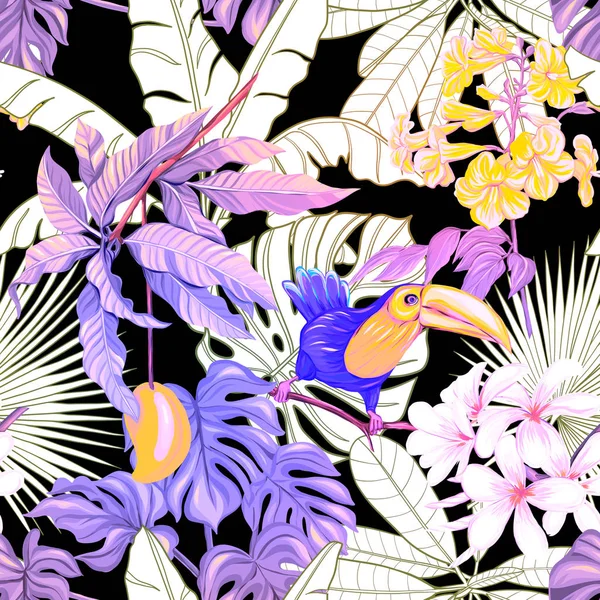 Modello Senza Cuciture Sfondo Con Piante Tropicali Fiori Tucano Illustrazione — Vettoriale Stock