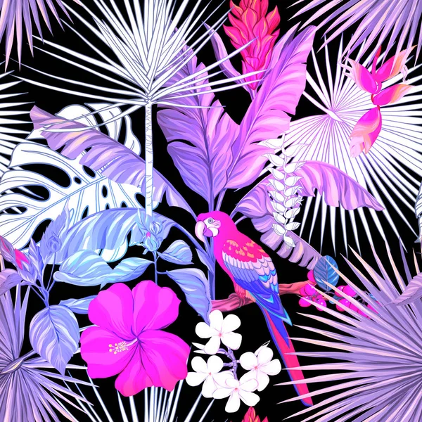 Бесшовный Рисунок Фон Тропическими Растениями Цветами Попугаем Цветные Векторные Иллюстрации — стоковый вектор