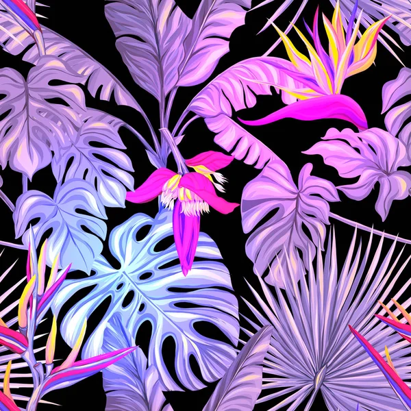 Dikişsiz Desen Arka Plan Tropik Bitkiler Çiçekler Ile Neon Floresan — Stok Vektör