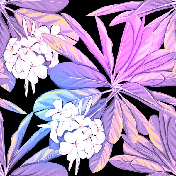 Χωρίς Ραφή Πρότυπο Φόντο Τροπικά Φυτά Και Λουλούδια Χρωματιστά Διανυσματικά — Διανυσματικό Αρχείο