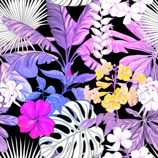 Modello Senza Cuciture Sfondo Con Piante Tropicali Fiori Illustrazione Vettoriale — Vettoriale Stock