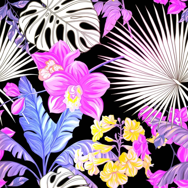 无缝的模式 热带植物和花朵 彩色矢量插图在霓虹灯 荧光色查出的黑色背景 — 图库矢量图片