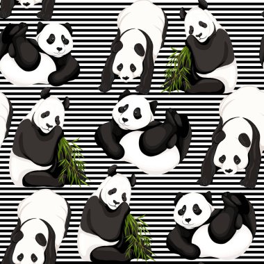 Dikişsiz desen, arka plan. pandalar ve bambu ile. Vektör çizim gradyanlar ve saydamlık olmadan. Siyah-beyaz çizgili arka plan üzerinde