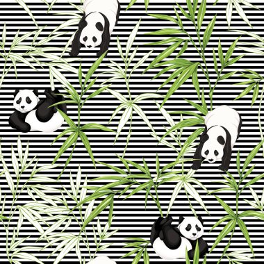 Dikişsiz desen, arka plan. pandalar ve bambu ile. Vektör çizim gradyanlar ve saydamlık olmadan. Siyah-beyaz çizgili arka plan üzerinde. Renkli ve anahat tasarım.