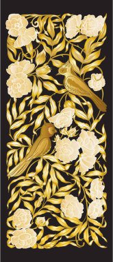 Çiçek desenli kuşlar art nouveau tarzında, vintage, eski, retro tarzı ile. Dekoratif unsur tasarımı için. Renkli vektör çizim. Siyah arka plan üzerine izole. Altın ve blac