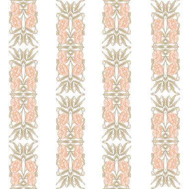  Dikişsiz desen, kuşlar art nouveau tarzında, vintage, eski, retro tarzı ile çiçek desenli arka plan. Renkli vektör çizim. Yumuşak turuncu ve yeşil renkte