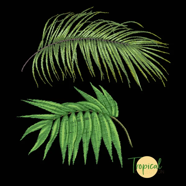 Hímzés Trópusi Növényekkel Design Elemek Színes Vektoros Illusztráció Elszigetelt Fekete — Stock Vector