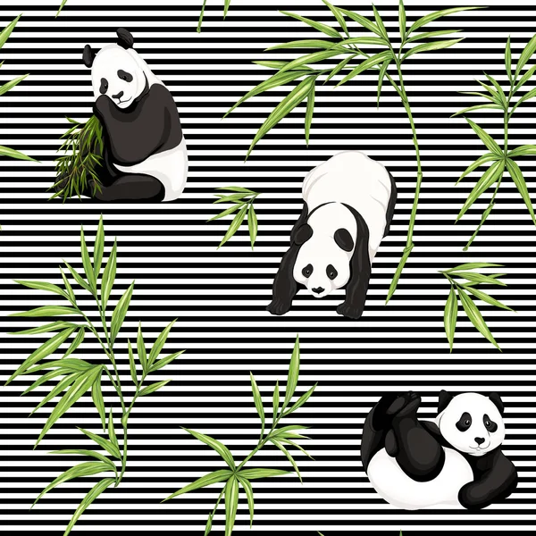 Seamless pattern, background. with pandas and bamboo.  Vector illustration without gradients and transparency.  On black-and-white stripes background