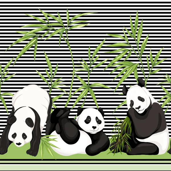 Seamless pattern, background. with pandas and bamboo.  Vector illustration without gradients and transparency.  On black-and-white stripes background