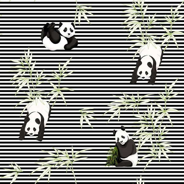 Seamless pattern, background. with pandas and bamboo.  Vector illustration without gradients and transparency.  On black-and-white stripes background. Colored and outline design.