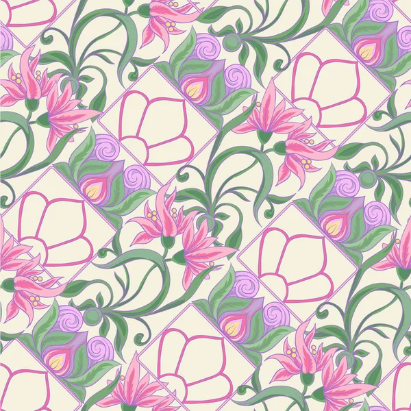 Florales Nahtloses Muster Hintergrund Jugendstil Vintage Alt Retro Stil Rosa — Stockvektor