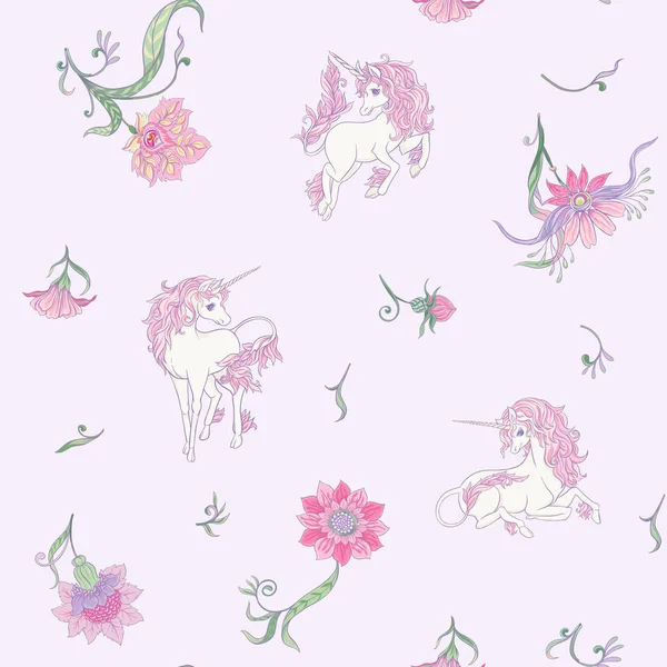 Seamless Pattern Background Unicorn Vintage Fantsatic Flowers Art Nouveau Style — Stock Vector